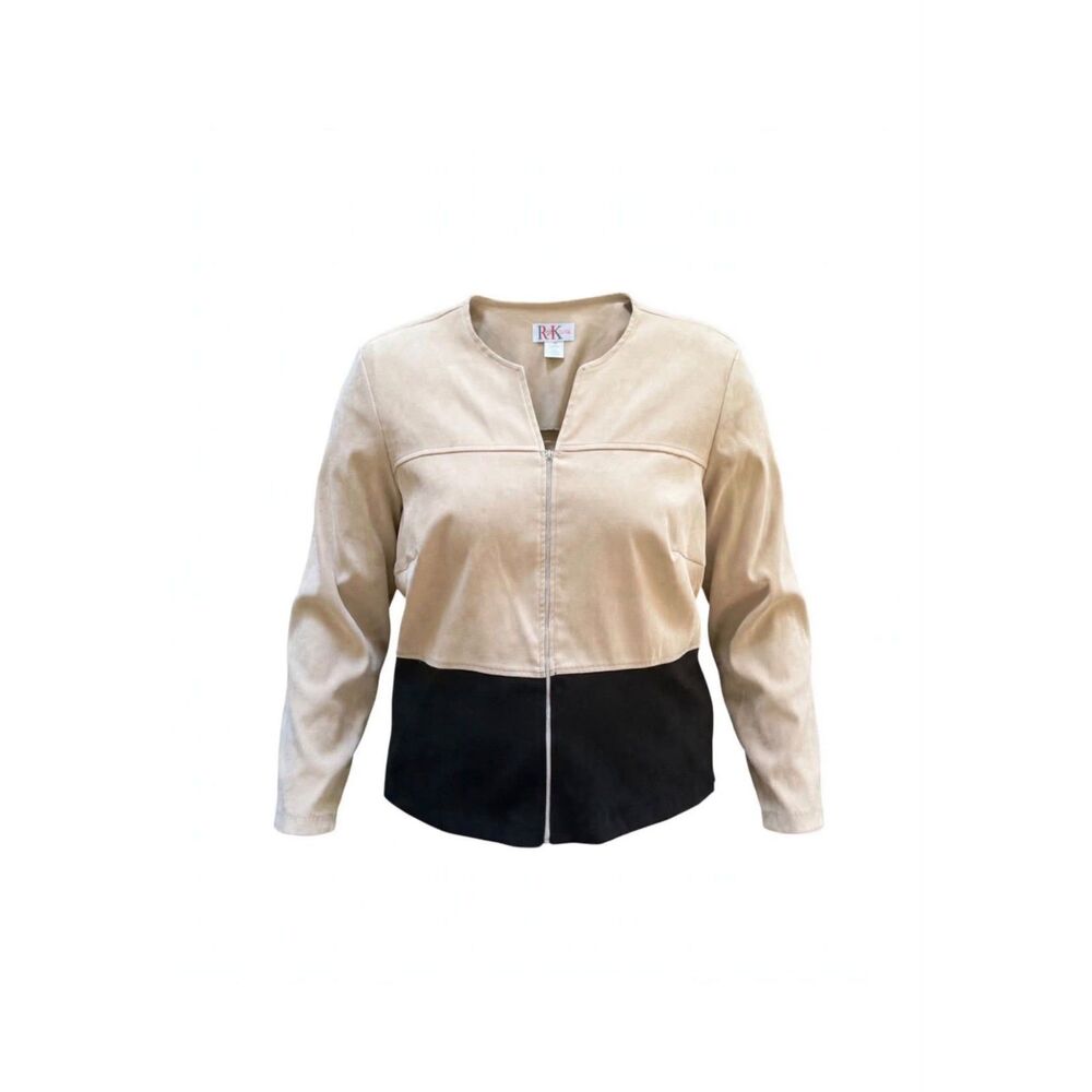 R&K  Two-Tone Zip Front Jacket in Beige and Black  1XL
